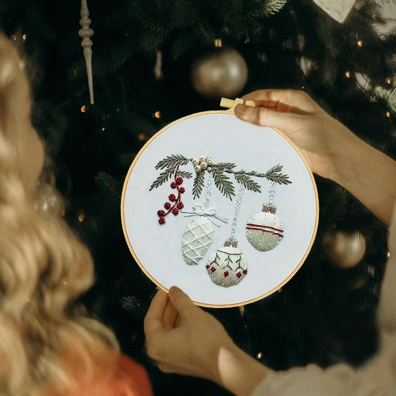 FONNUY Crewel Christmas Embroidery Kit for Beginners, Cross Stitch Set Winter Snow Scene Pine Owl Pattern for Adults, Easy to Follow Color Thread Needlework, 8'' Hoop (Holly Bauble) - Image 2